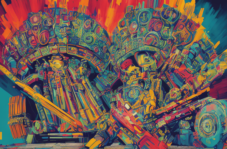 a colorfully painted image of a large, ornately decorated truck