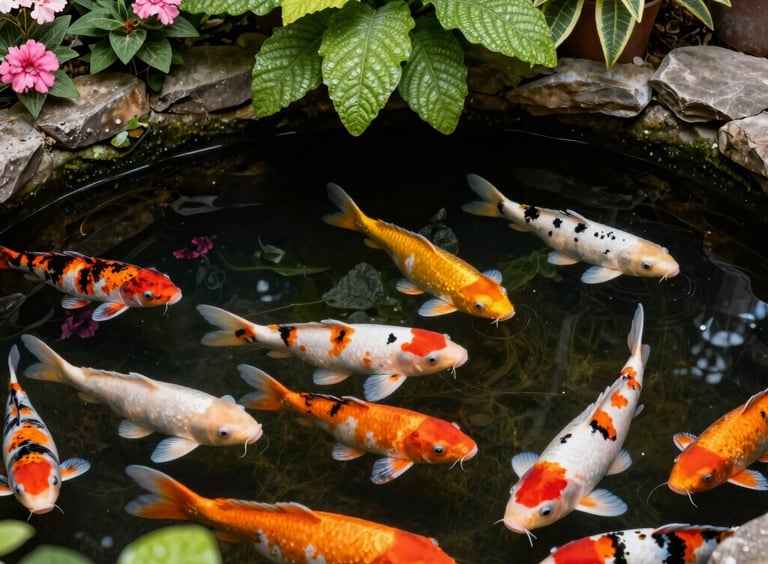koi pond showing aquatic plants and flowers with fish swimming.  i want to see the entire pond.