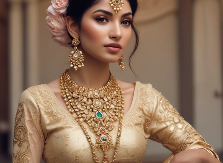 a woman in a gold dress and jewelry