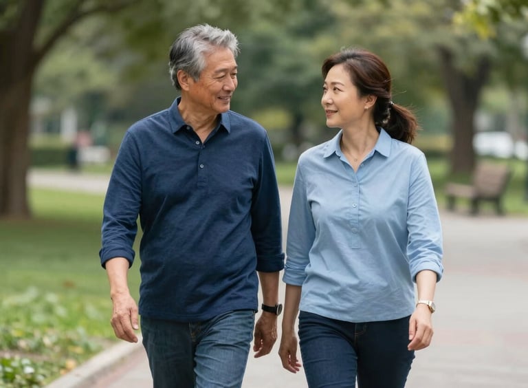 A mature North American couple walking together through a beautifully landscaped park, appearing relaxed and content. The photography is professional and airy, featuring soft lighting and a palette of Prussian blue and very light blue, conveying financial stability.