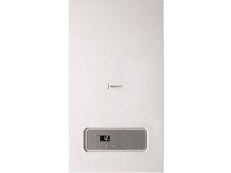 White wall-mounted natural gas combi boiler with a digital display panel for home heating.