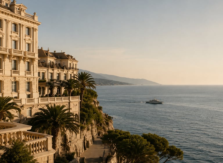 Luxury hotel on a cliff overlooking the Mediterranean Sea at sunset with a yacht sailing by.