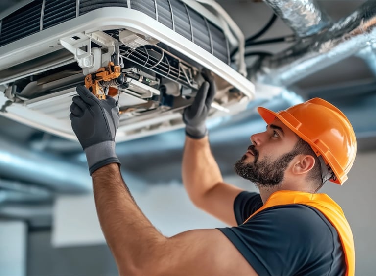 Professional technician in a hard hat performing commercial HVAC repair on a ceiling air conditioning unit.