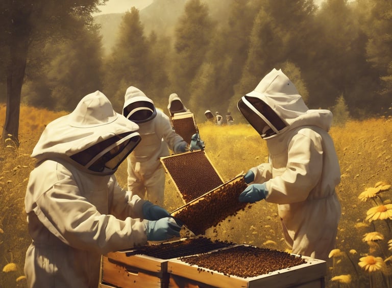 a group of beekeepers in bee suits and beehive