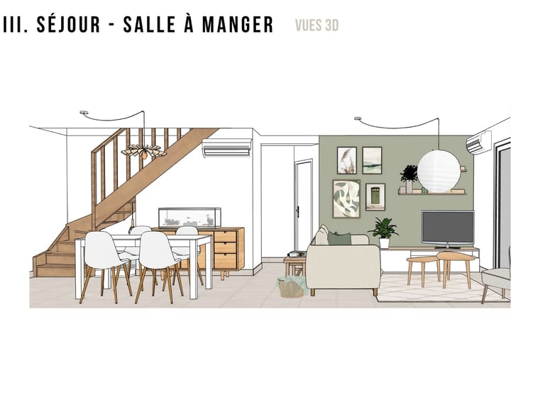 a drawing of a living room with a staircase and stairs