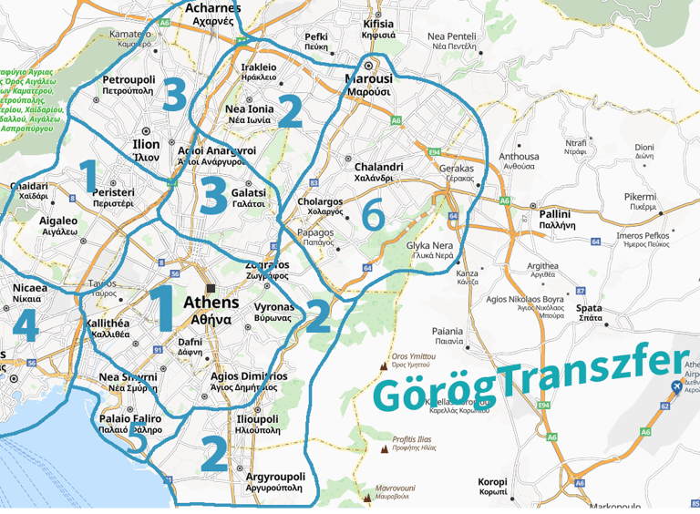 Athén transzfer zónatérkép