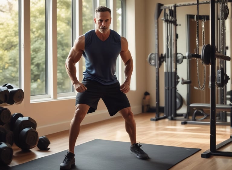 Fit man over 40 stretching in a home gym — mobility routine supporting strength, recovery, and longe