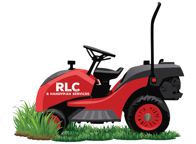 Ryan's Lawncare and handyman services logo. Red and black cartoon ride on lawnmower