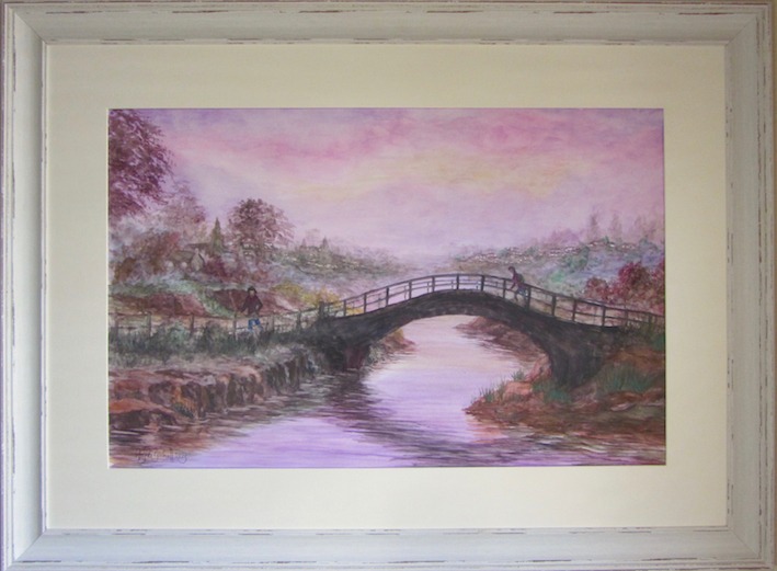Two figures in semi-rural landscape dash over bridge and off to work in early morning scene 