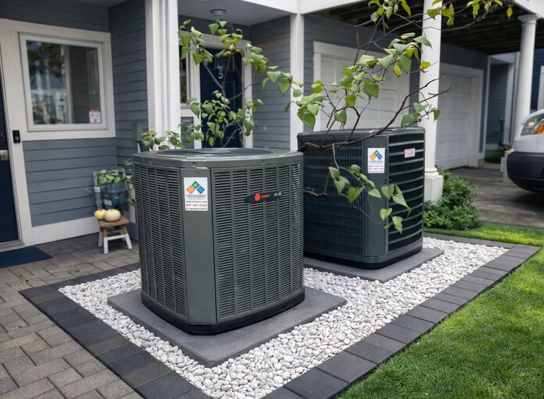 Two outdoor condensers that are installed by Northshore HVAC Services.