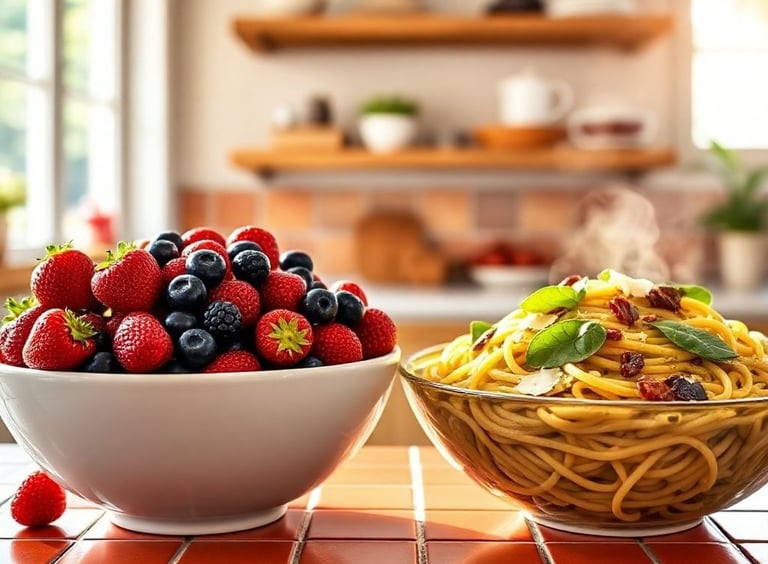 Bowl of fruit compared to bowl of pasta for a keto diet