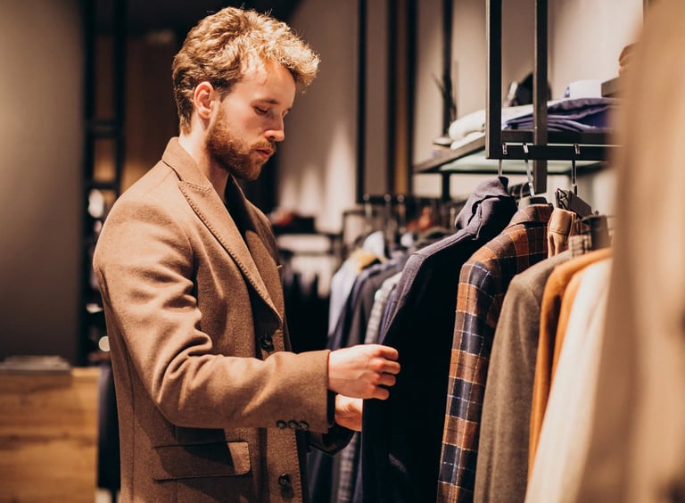 a man in a suit jacket is looking at a suit