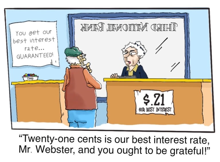 Old man in bank being scalded by banker for not being grateful to earn 21 cents in interest.