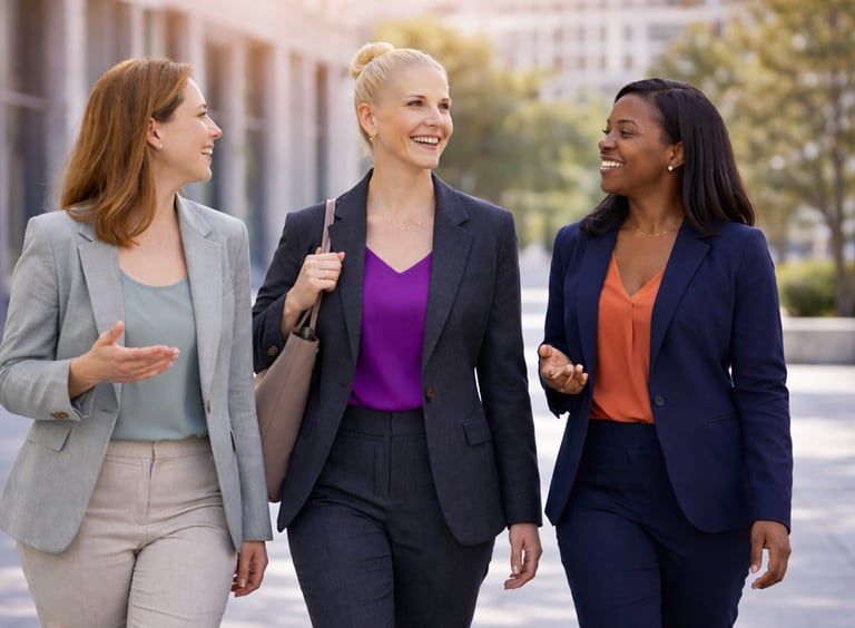 Three women walking on city street