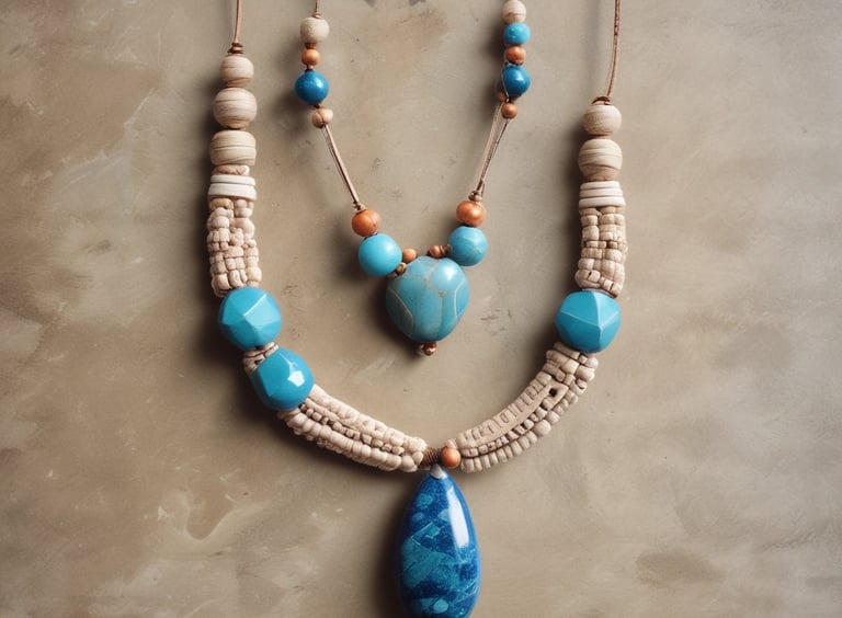 Collar de macramé azul en un fondo de marmol