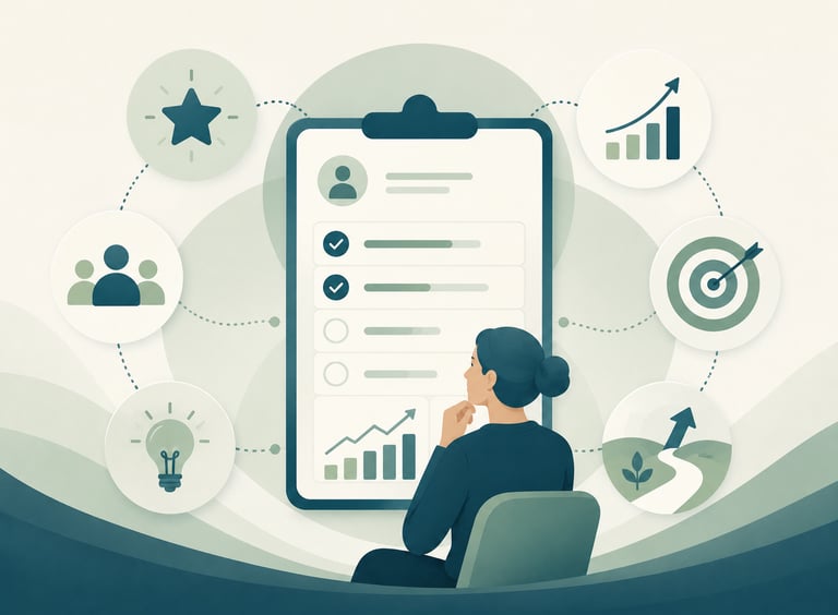 Business woman reviewing performance metrics on a digital dashboard for strategic growth and goal tracking.