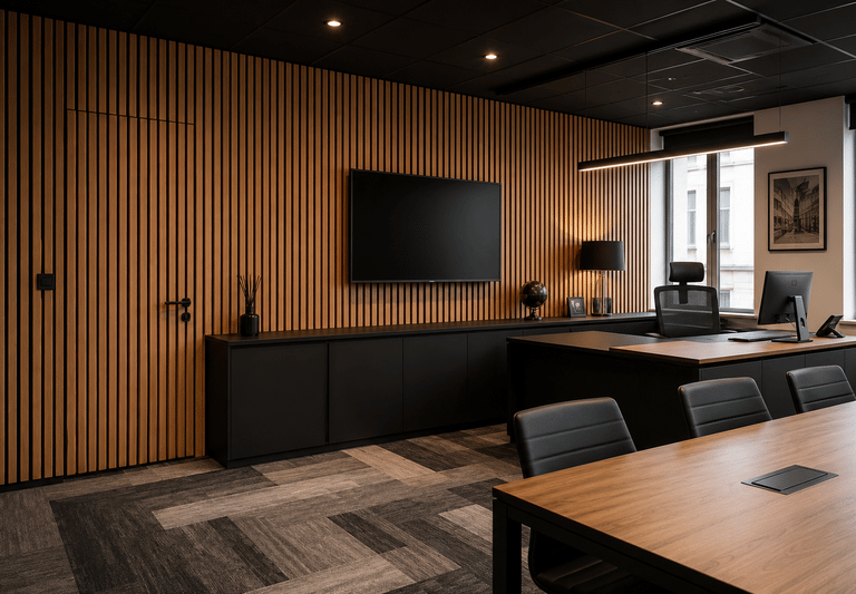 Bureau professionnel avec habillage mural en bois réalisé par SAN BAT RENOV à Paris