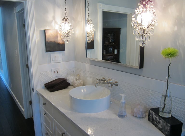 Master bathroom after remodel – large-format floor tile and updated finishes – Scottsdale, AZ