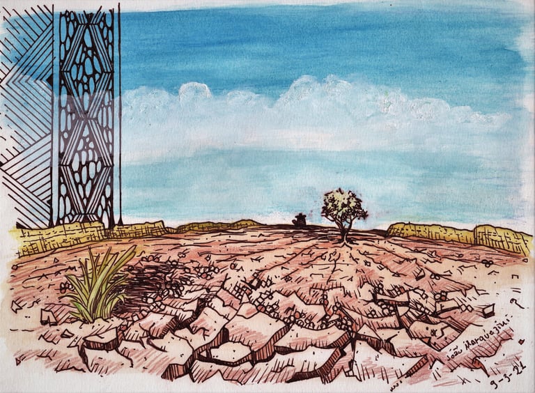 Desenho de uma arvore no meio do agreste, um cavaleiro se aproxima e um grafismo para decorar, de Jaum em 2021