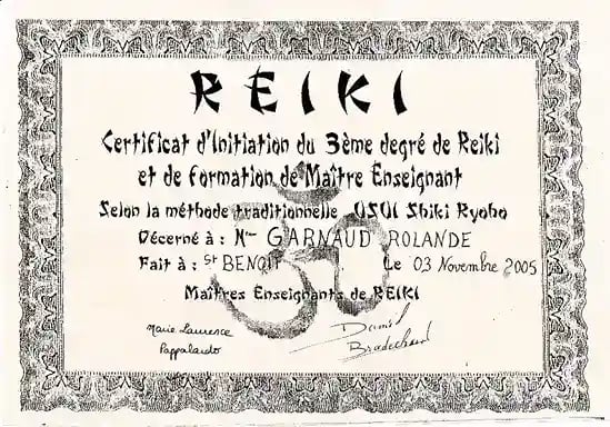 Diplôme de 3 ème degré de Reiki Usui de Rolande Garnaud