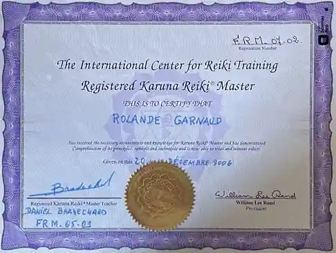 Diplôme de Master en Reiki Karuna de Rolande Garnaud