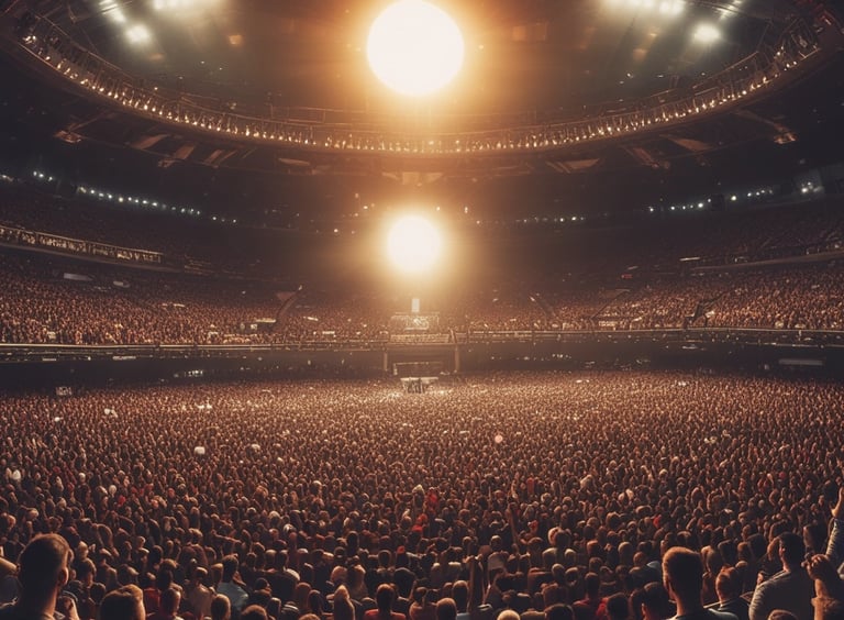 A church service or concert with a band performing on stage. The stage is illuminated with colorful lights and a prominent cross made of lights stands at the center. Musicians are playing instruments, including guitars and drums. The audience is seen sitting and standing, engaged with the performance.