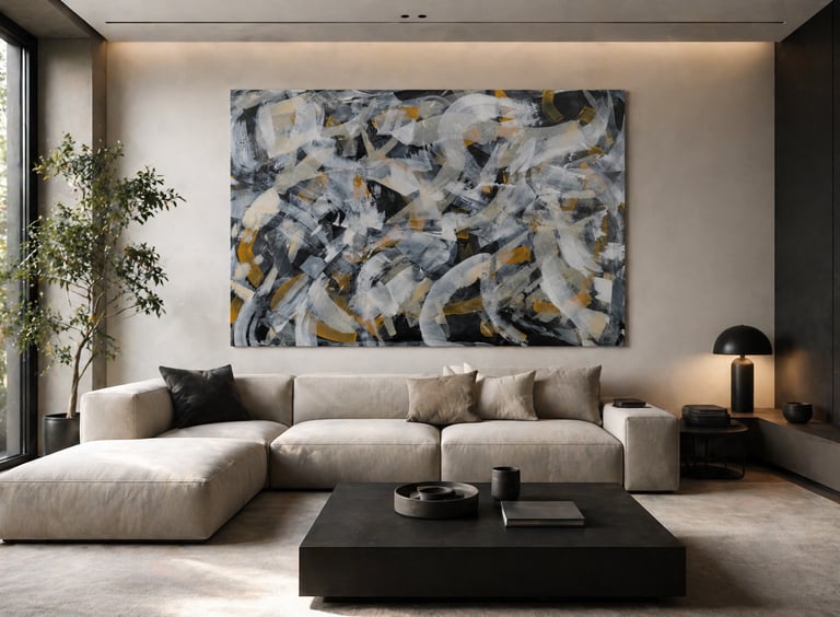 Modern living room featuring a large abstract wall art piece above a beige sectional sofa with a black coffee table.
