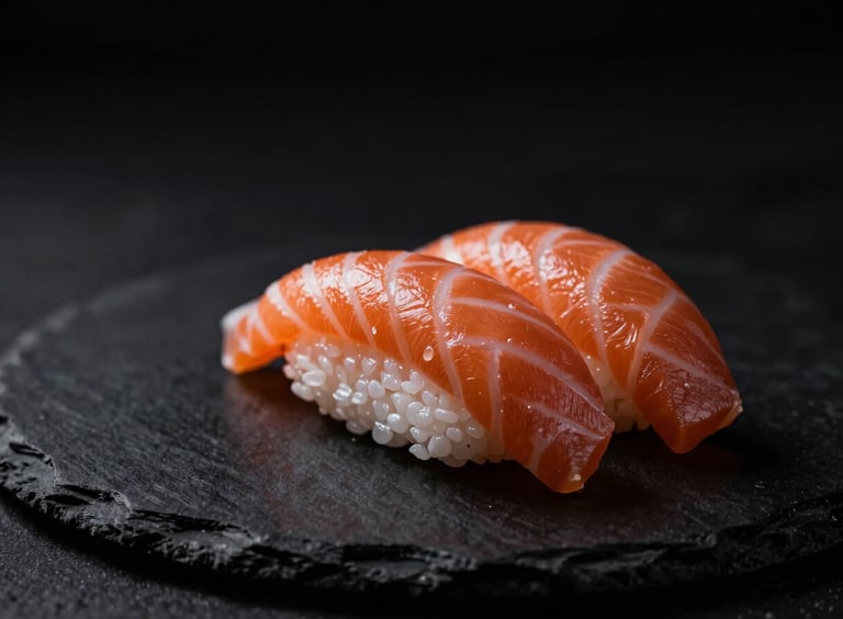 Dramatic dark-key food photography, close-up macro shot of pristine salmon nigiri on a dark slate plate, low-key dramatic side-lighting with high contrast, matte black background, shallow depth of field.