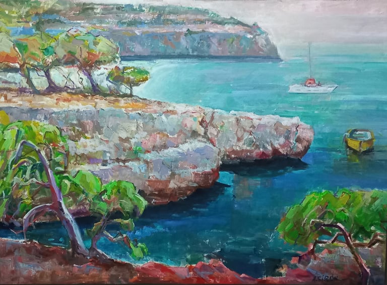 Marina con acantilados de la Costa Brava, óleo del artista Argi Girón. Landscape artist painter oil