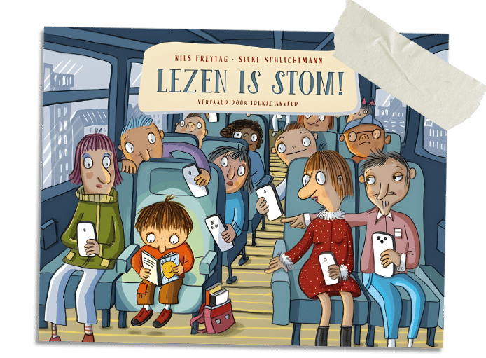 Illustration of passengers on a bus using smartphones while a boy reads the book Lezen is Stom.
