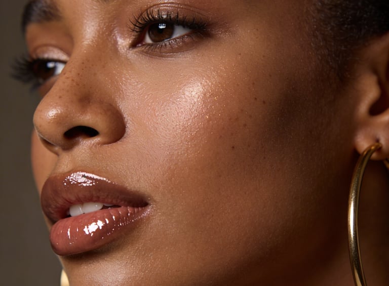 Close-up of a woman with glowing dewy skin, glossy brown lips, and gold hoop earrings.