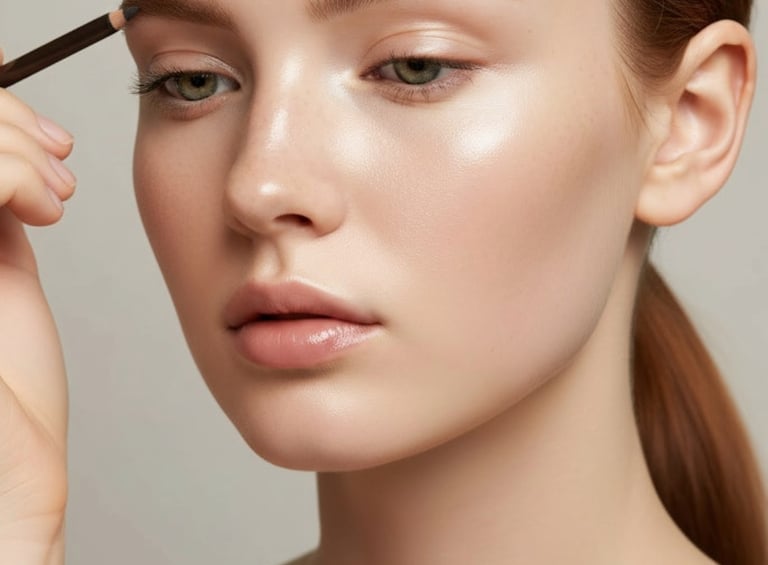 Woman with glowing skin applying a brown eyebrow pencil to define her natural brow shape.