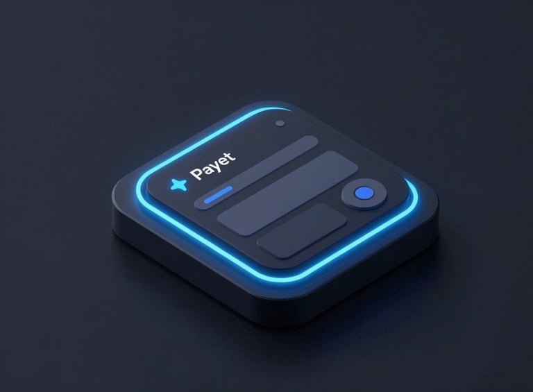 An isometric 3D device mockup showing a clean responsive user interface, glowing electric blue neon lines, dark obsidian background, sharp focus