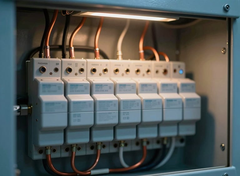 Close-up of neatly organized industrial electrical panel with copper wiring and clean technical lighting, deep blue and amber tones