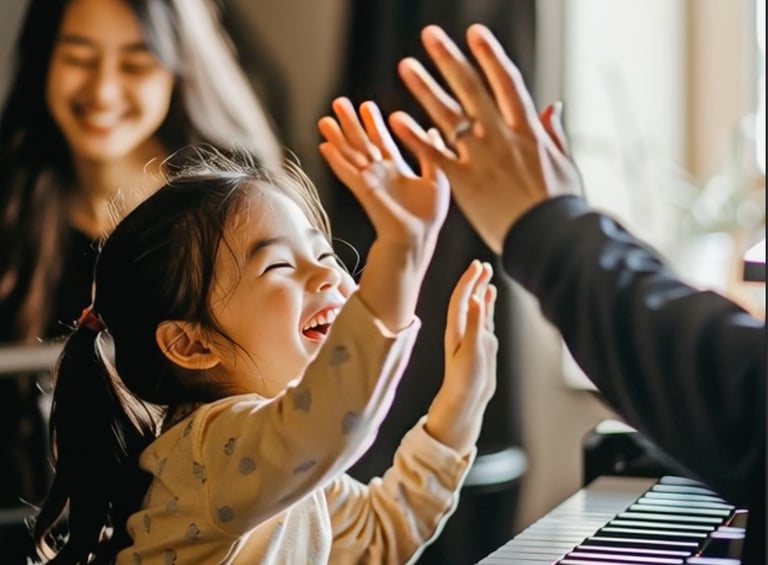 A excited young student high fives teacher after playing a song well on the piano