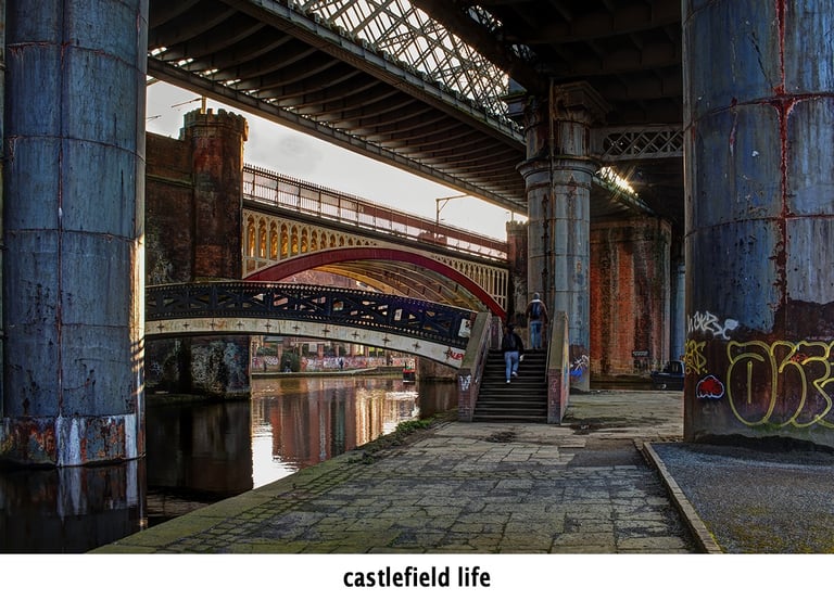 people crossing the footbridge at castlefield manchester under the victorian railway bridges