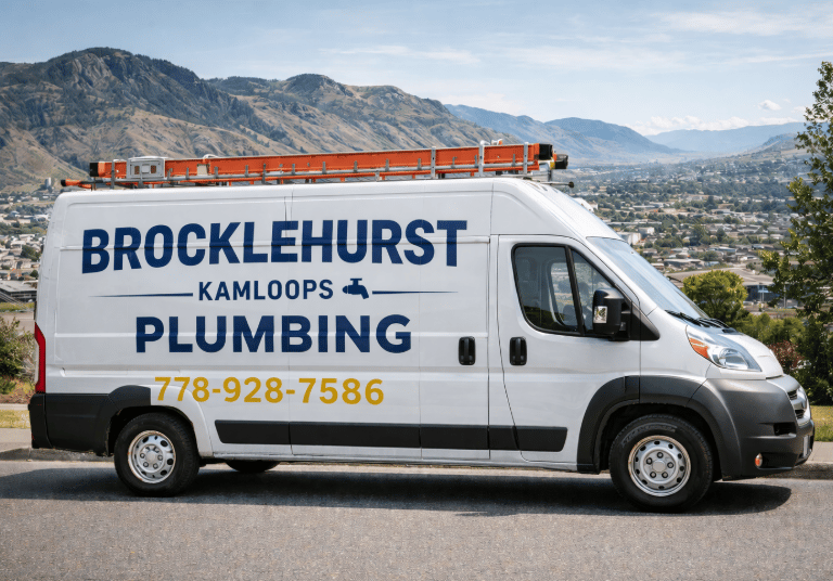 White Brocklehurst Kamloops Plumbing van parked with mountains, clear branding, phone number visible