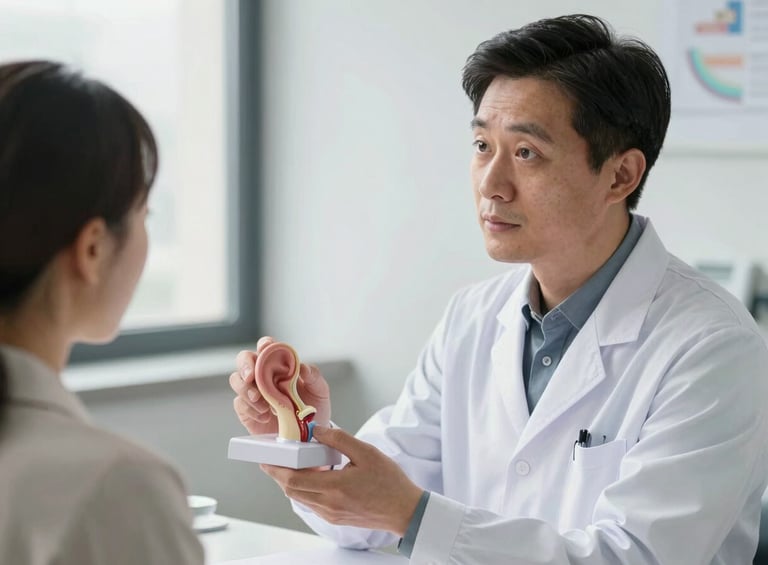Wide eye-level clinical shot of a professional otolaryngologist in a white coat explaining an anatomical model of the inner ear to a seated patient, soft diffused natural daylight, stable and calm composition.