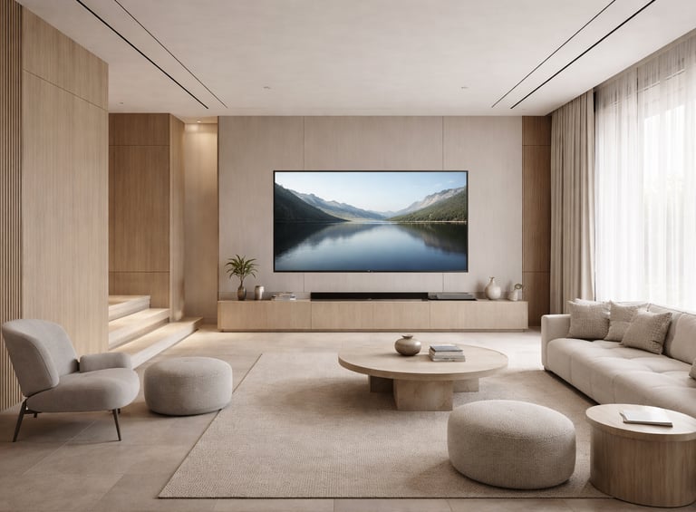 AVN ecran 8k barre de son dans salon moderne par audio video neuilly