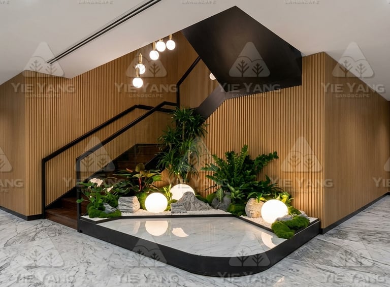 Indoor staircase garden feature with sphere lights – Yie Yang Landscape, Malaysia