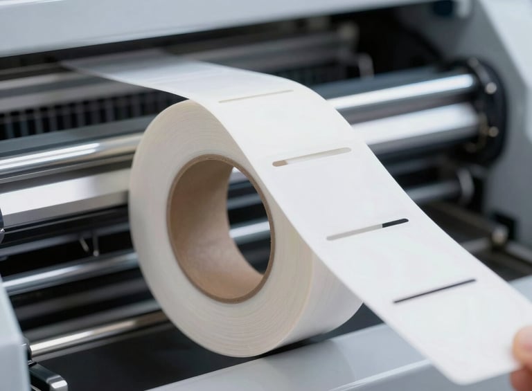 Macro photographic shot of a pristine roll of die-cut adhesive labels on a modern printing press, sharp focus on the clean edge of a label, cool industrial daylighting
