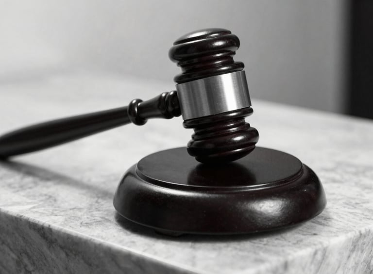 A powerful black and white close-up of a wooden gavel on a silver grey marble pedestal. The lighting is dramatic, creating deep black shadows and sharp white highlights, emphasizing authority and justice.
