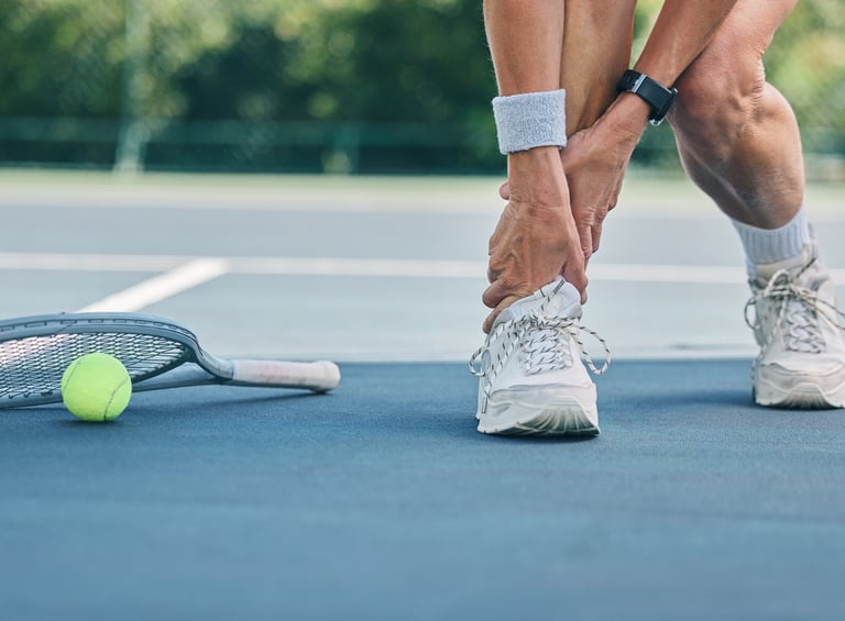 Tennis player holding an injured ankle on a blue court with a racket and ball nearby.