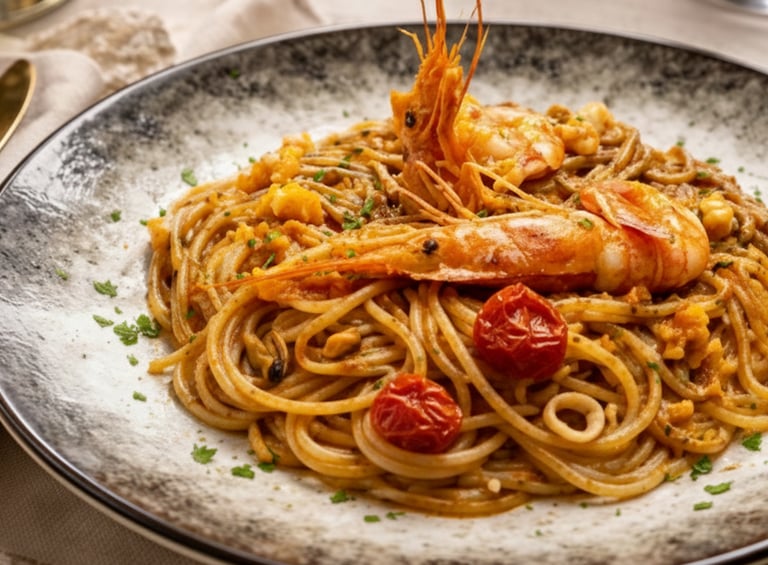 Gourmet seafood spaghetti with grilled prawns, cherry tomatoes, and fresh herbs on a rustic plate.
