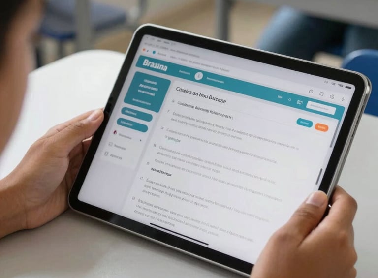 A sharp, close-up shot of hands-on technical work under bright natural light, showing a modern tablet displaying educational data in a Brazilian public school classroom setting.