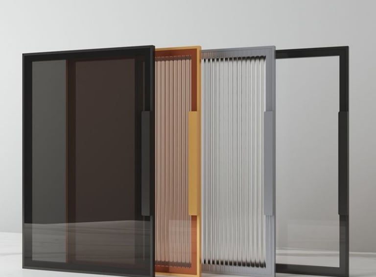 Modern glass room dividers in multiple styles: black frame, amber-tinted, ribbed glass, and clear glass options for interior