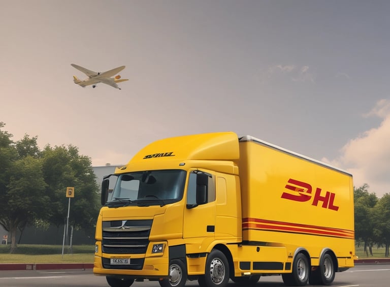 A vibrant delivery truck speeding down a city street with colorful parcels inside.