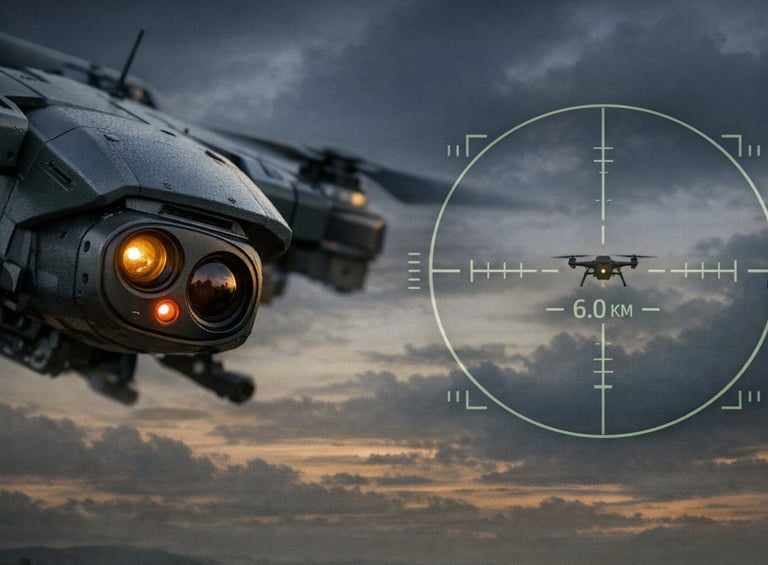Military surveillance drone targeting a distant quadcopter using thermal imaging and a digital rangefinder.