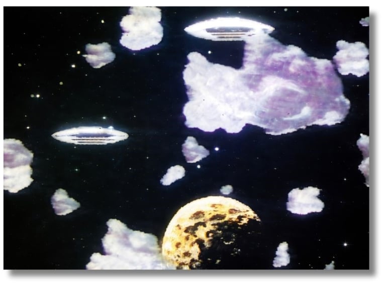 Primeiro veio a Dragonfly, Jogo de 1988 com nuvens e naves, lua com fundo preto no "espaço"