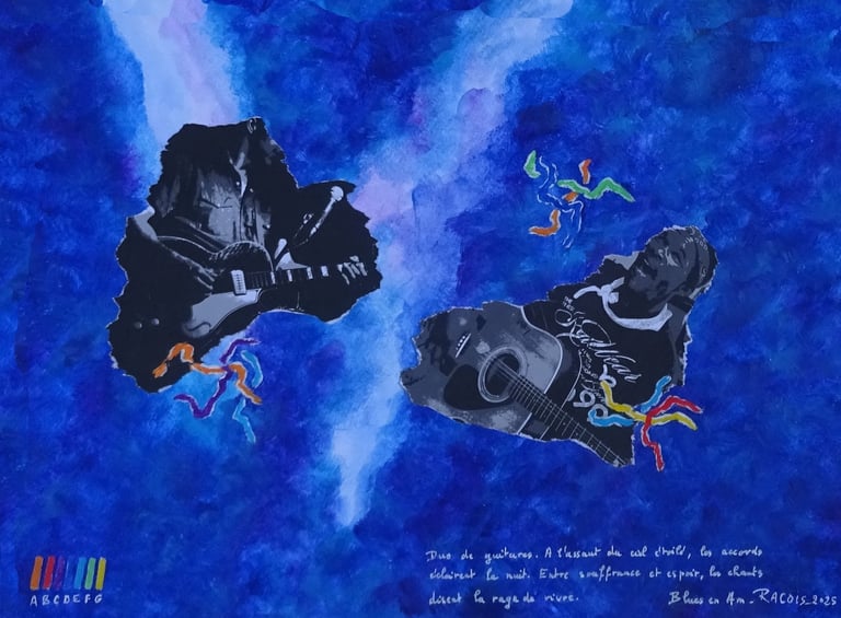 a painting of a man playing guitar